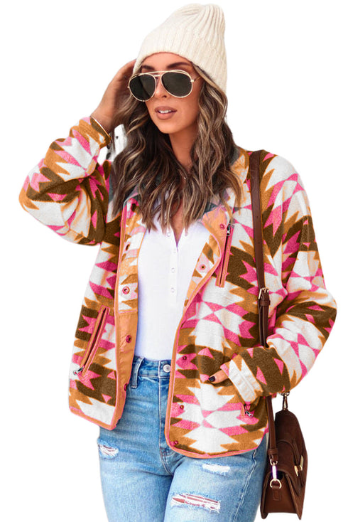 Western Aztec Buttoned Zipper Pockets Fleece Jacket